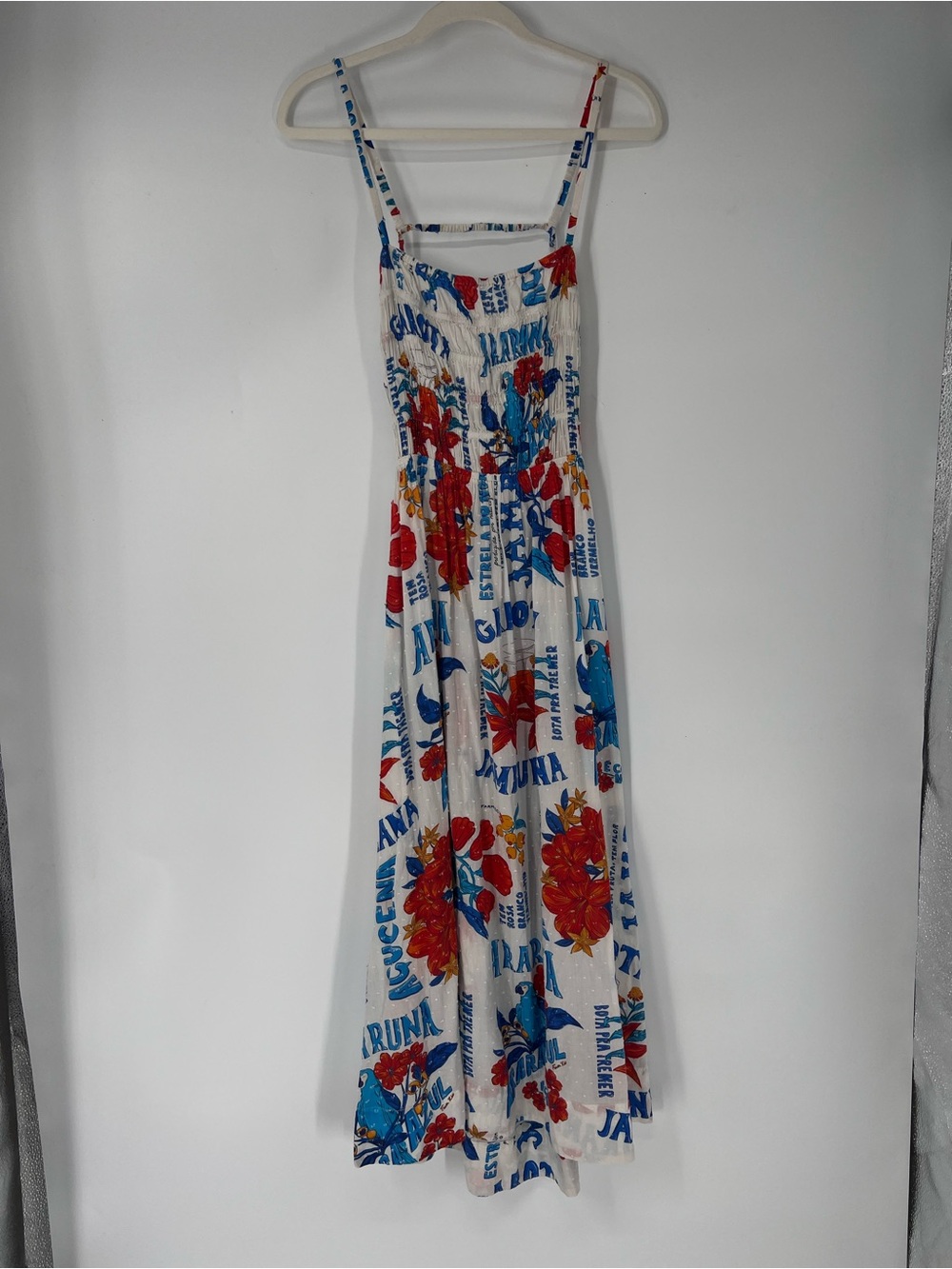 FARM Rio White Red Blue Tropical Floral Print Caged Back Smocked Midi Dress S